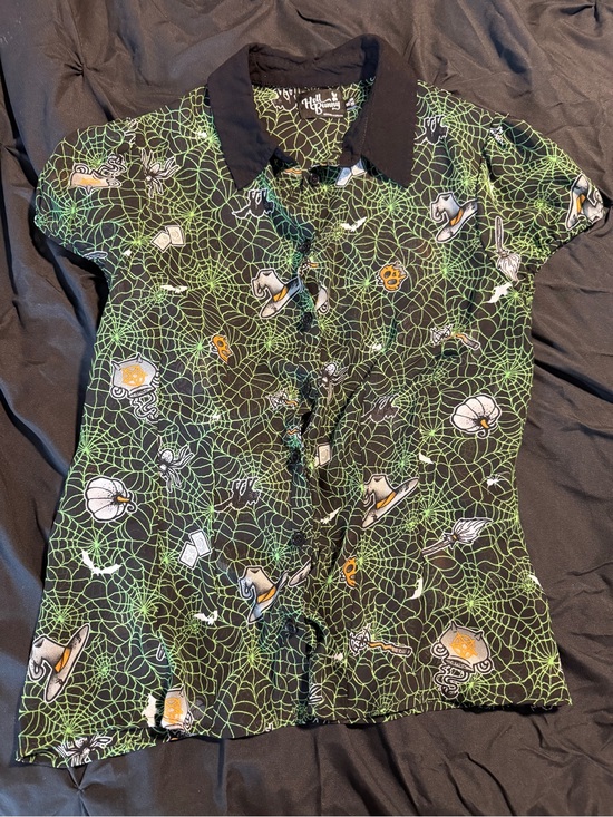 Hell Bunny Tops - Hell Bunny Sheer Halloween Blouse with Neon Green Spiderweb Witchy Print